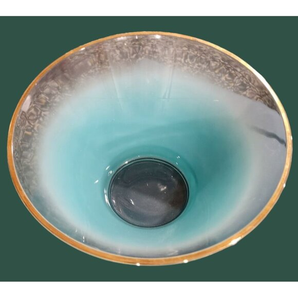 Blendo Vintage Turquoise Frosted Glass Bowl With Gold Trim Chip Dip Mid Century - Picture 11 of 12